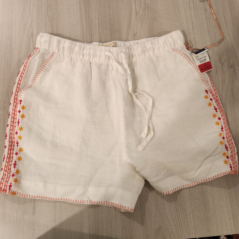 Cynthia Rowley White Linen-Blend Embroidered Side-Trim Shorts